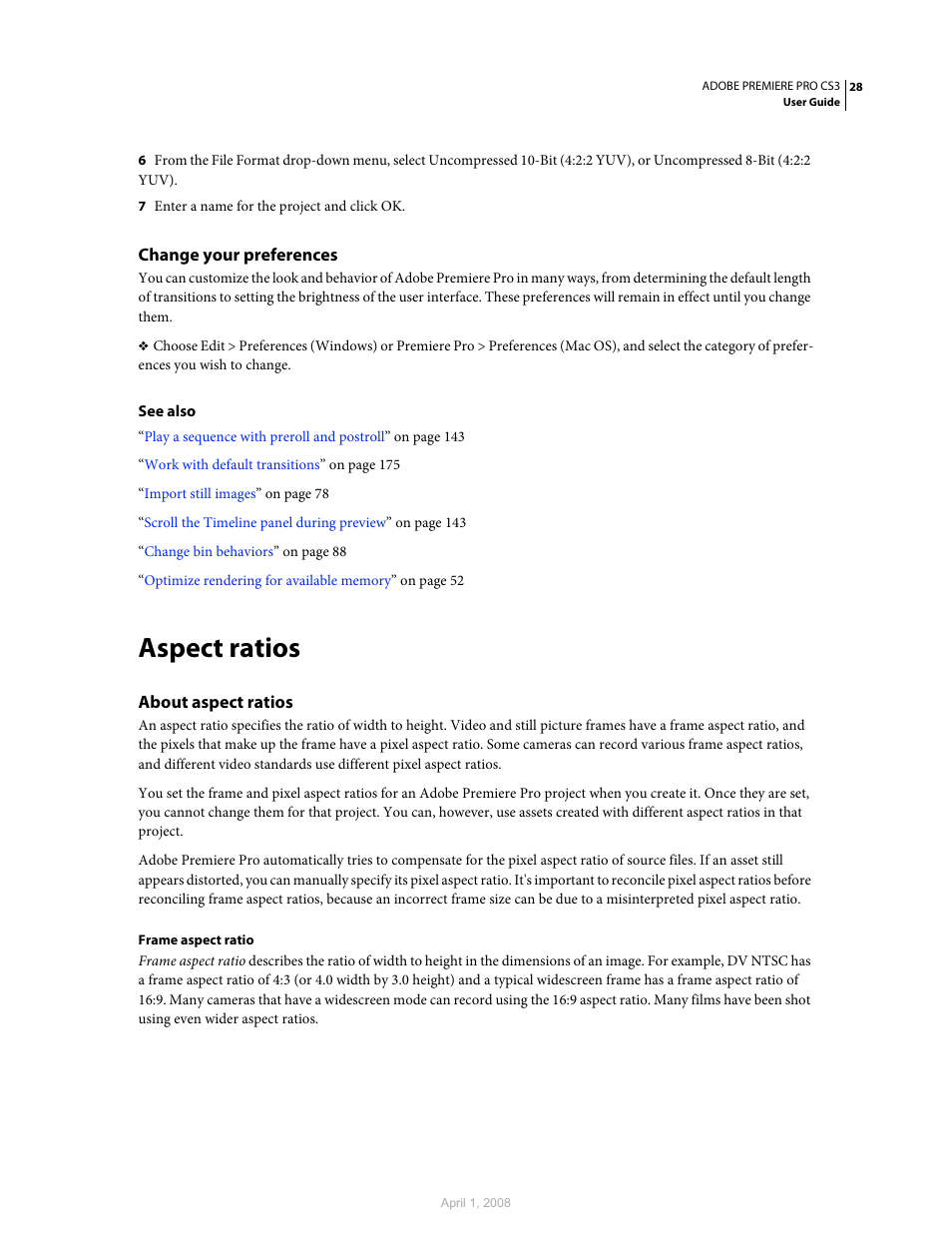 Change your preferences, Aspect ratios, About aspect ratios | Adobe Premiere Pro CS3 User Manual | Page 34 / 455