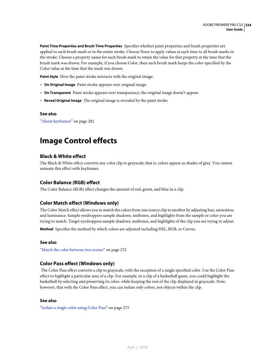 Image control effects, Black & white effect, Color balance (rgb) effect | Color match effect (windows only), Color pass effect (windows only) | Adobe Premiere Pro CS3 User Manual | Page 340 / 455