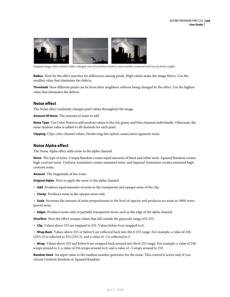 Noise effect, Noise alpha effect | Adobe Premiere Pro CS3 User Manual | Page 345 / 455