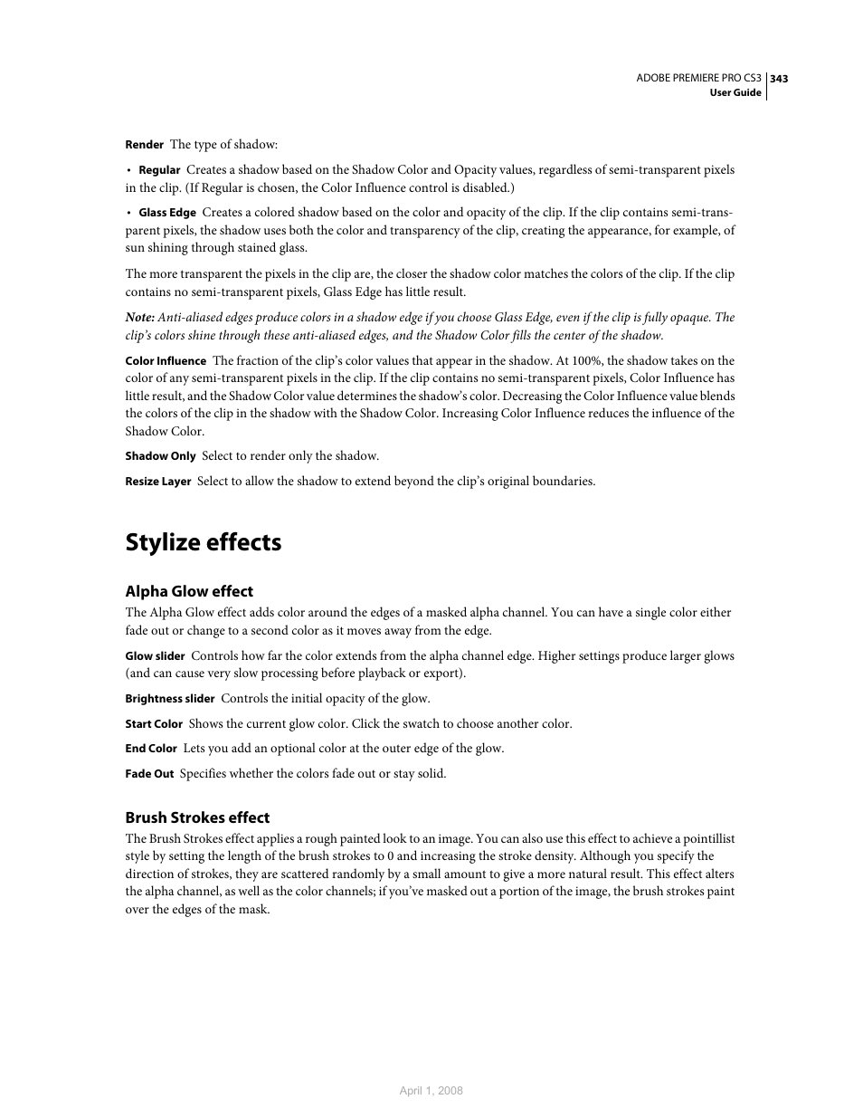 Stylize effects, Alpha glow effect, Brush strokes effect | Adobe Premiere Pro CS3 User Manual | Page 349 / 455