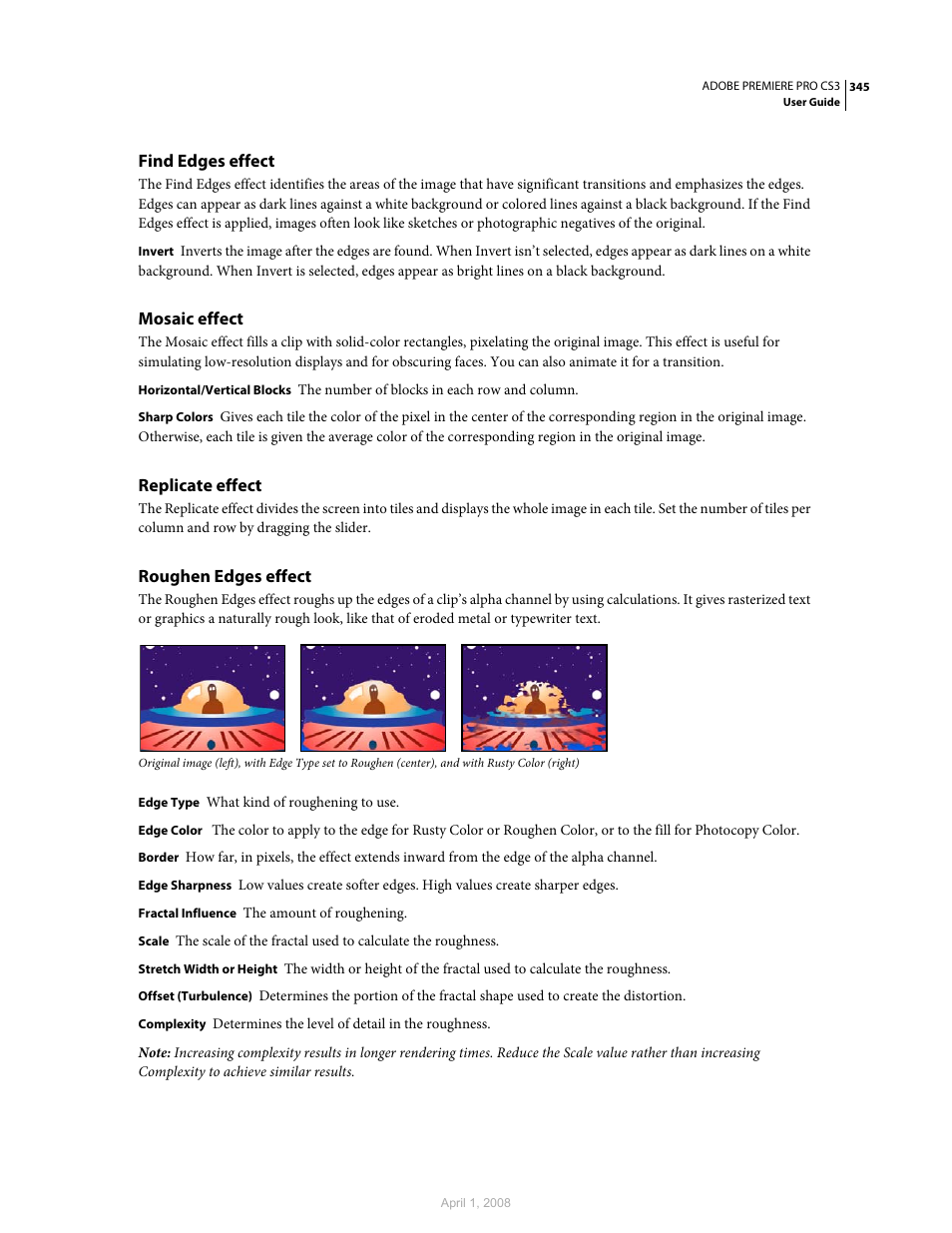 Find edges effect, Mosaic effect, Replicate effect | Roughen edges effect | Adobe Premiere Pro CS3 User Manual | Page 351 / 455