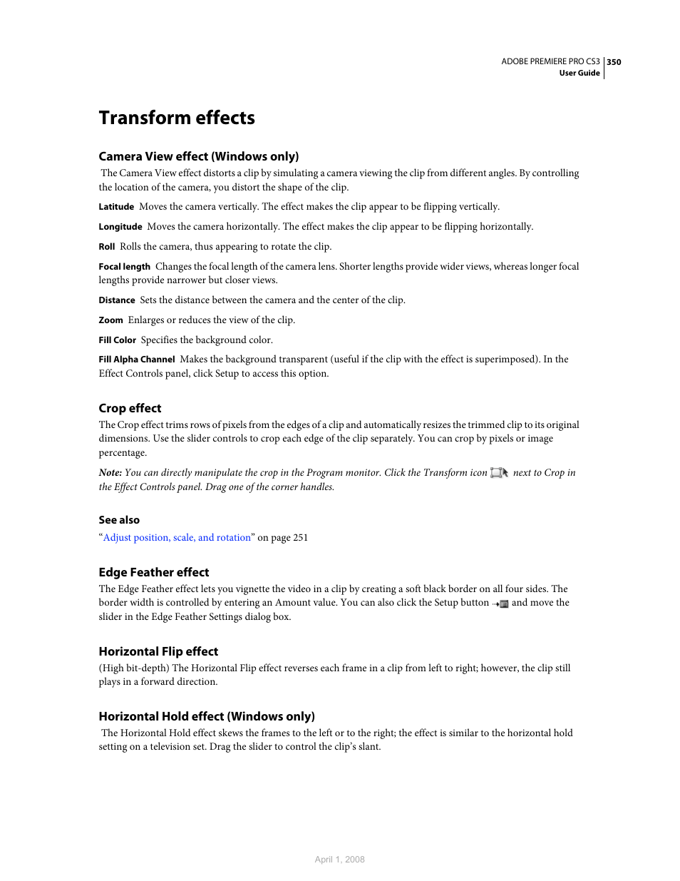 Transform effects, Camera view effect (windows only), Crop effect | Edge feather effect, Horizontal flip effect, Horizontal hold effect (windows only) | Adobe Premiere Pro CS3 User Manual | Page 356 / 455