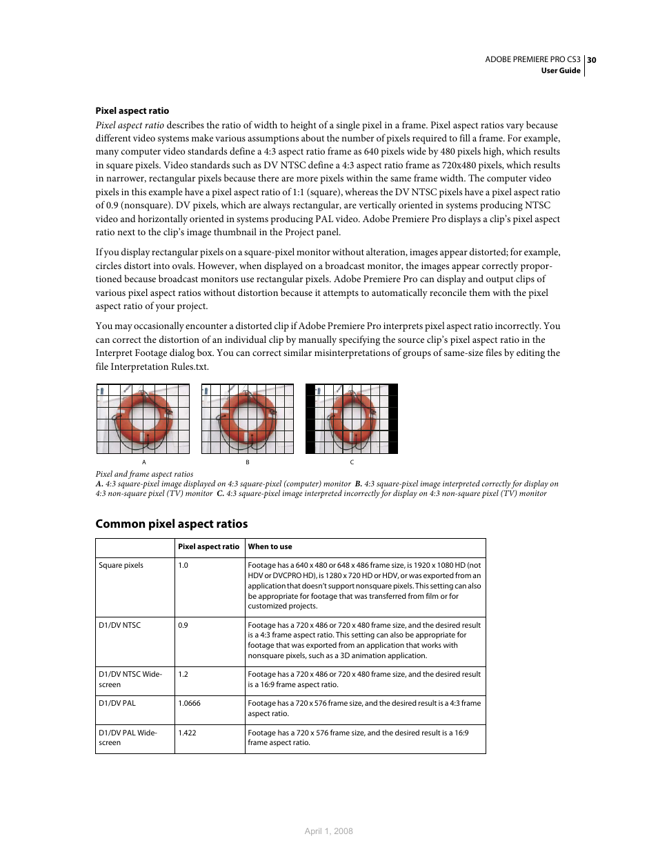 Common pixel aspect ratios | Adobe Premiere Pro CS3 User Manual | Page 36 / 455