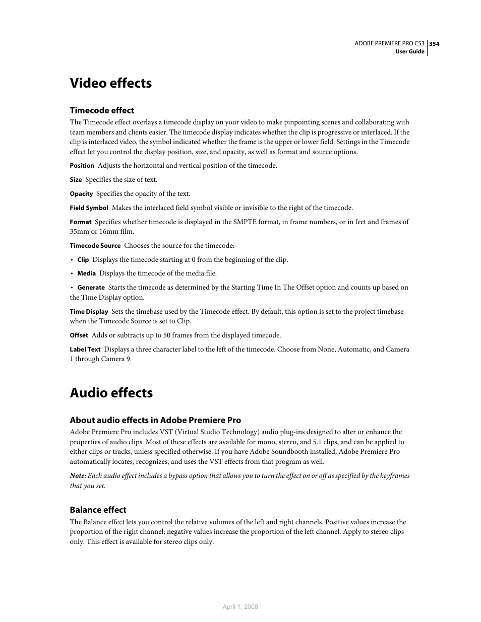 Video effects, Timecode effect, Audio effects | About audio effects in adobe premiere pro, Balance effect | Adobe Premiere Pro CS3 User Manual | Page 360 / 455