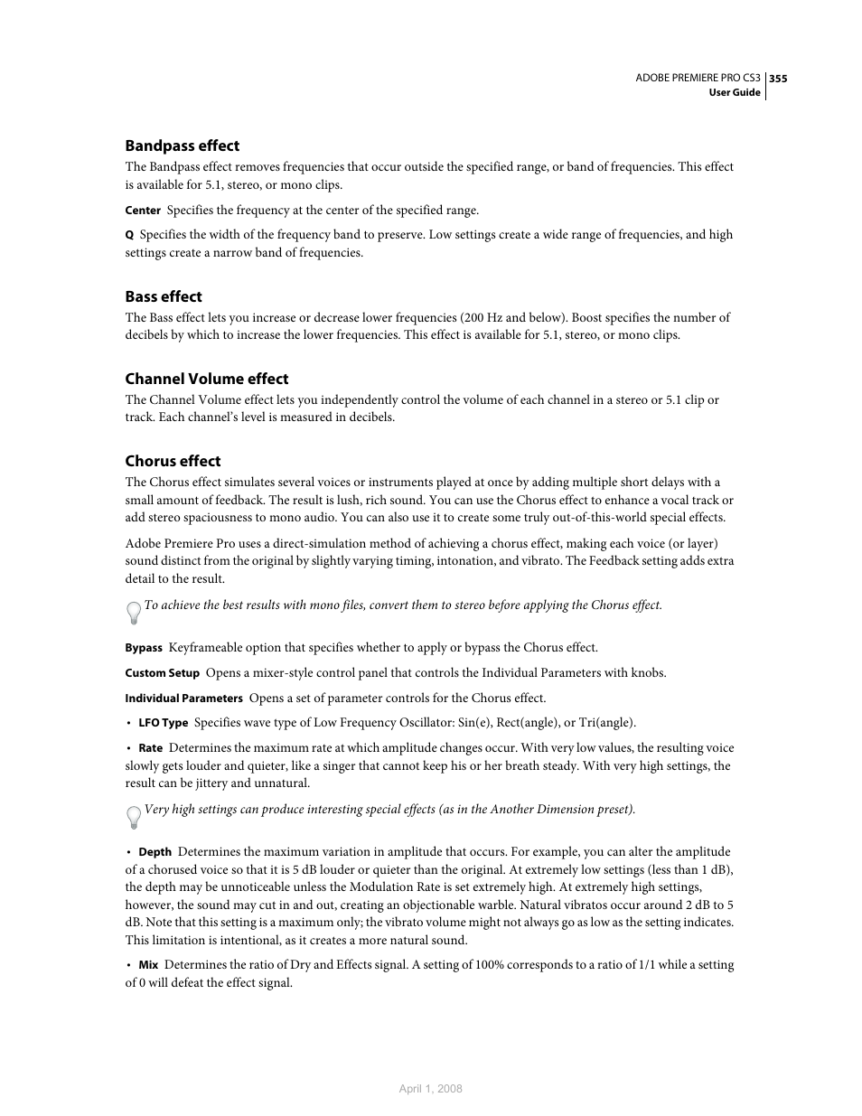 Bandpass effect, Bass effect, Channel volume effect | Chorus effect | Adobe Premiere Pro CS3 User Manual | Page 361 / 455