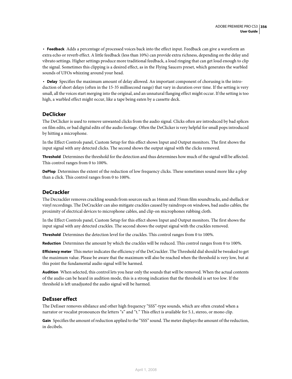 Declicker, Decrackler, Deesser effect | Adobe Premiere Pro CS3 User Manual | Page 362 / 455