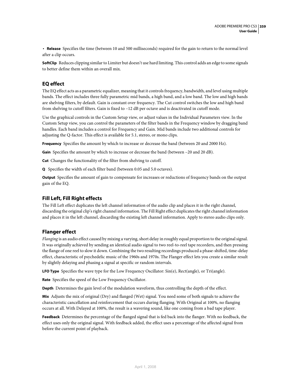 Eq effect, Fill left, fill right effects, Flanger effect | Adobe Premiere Pro CS3 User Manual | Page 365 / 455