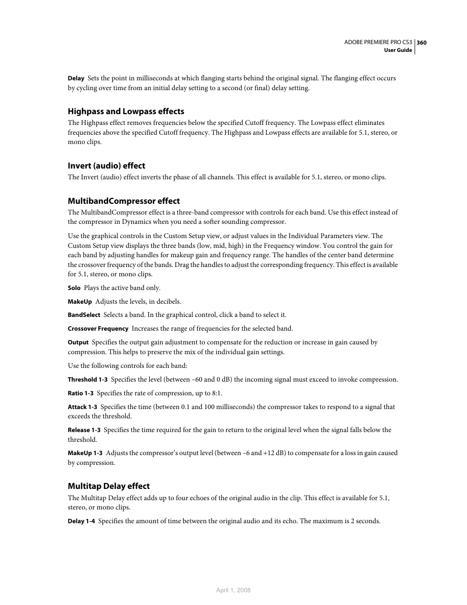 Highpass and lowpass effects, Invert (audio) effect, Multibandcompressor effect | Multitap delay effect | Adobe Premiere Pro CS3 User Manual | Page 366 / 455