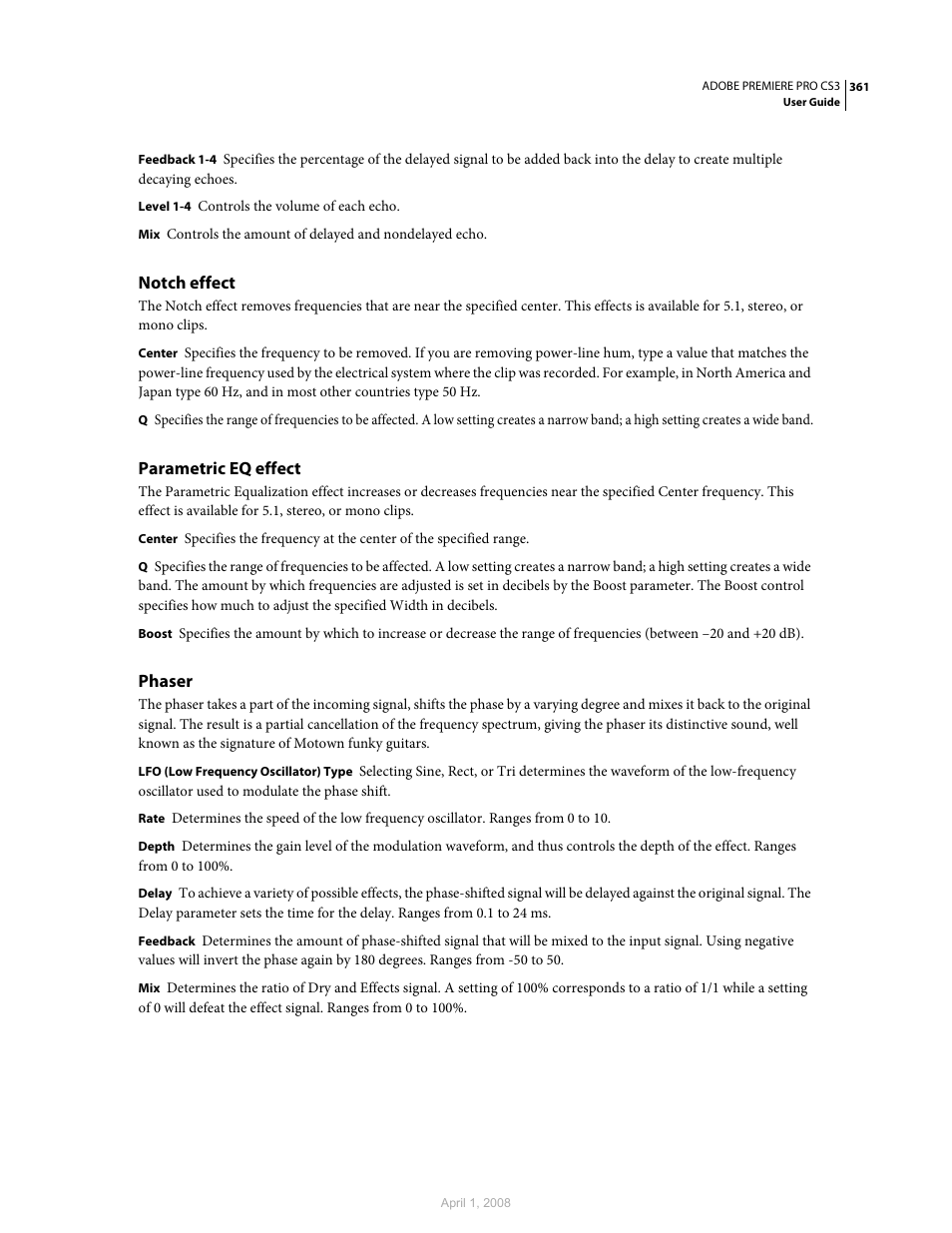 Notch effect, Parametric eq effect, Phaser | Adobe Premiere Pro CS3 User Manual | Page 367 / 455