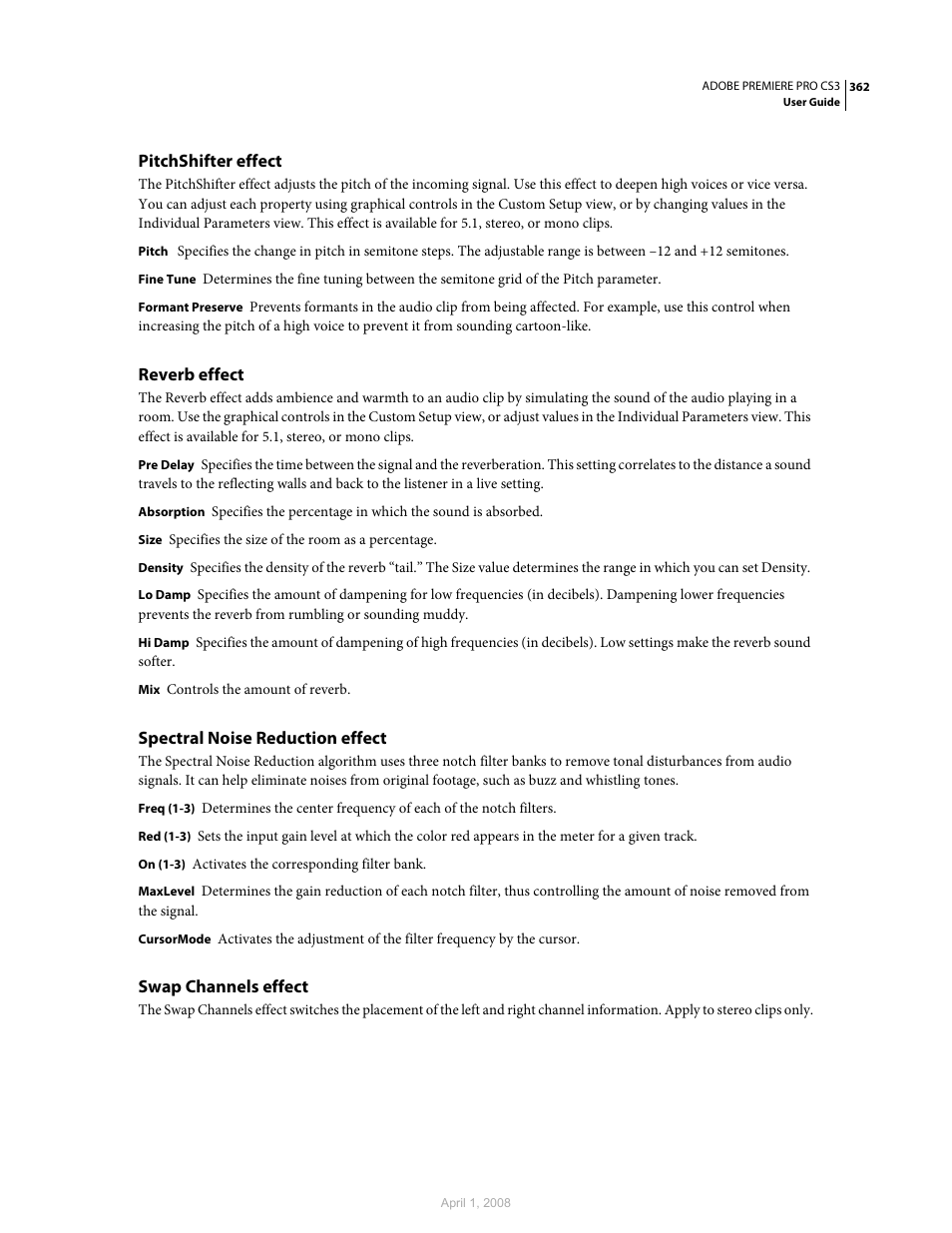 Pitchshifter effect, Reverb effect, Spectral noise reduction effect | Swap channels effect | Adobe Premiere Pro CS3 User Manual | Page 368 / 455