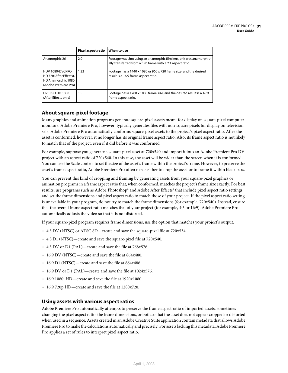 About square-pixel footage, Using assets with various aspect ratios | Adobe Premiere Pro CS3 User Manual | Page 37 / 455