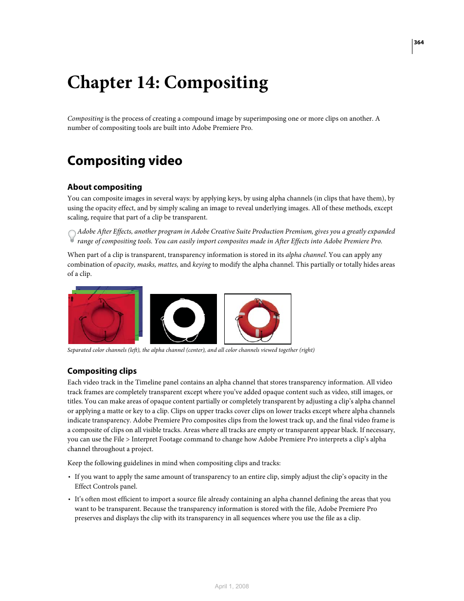 Chapter 14: compositing, Compositing video, About compositing | Compositing clips | Adobe Premiere Pro CS3 User Manual | Page 370 / 455