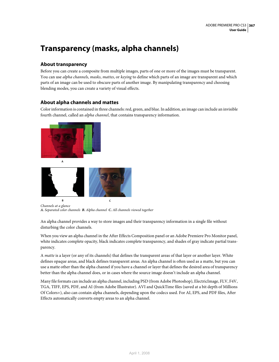 Transparency (masks, alpha channels), About transparency, About alpha channels and mattes | Adobe Premiere Pro CS3 User Manual | Page 373 / 455