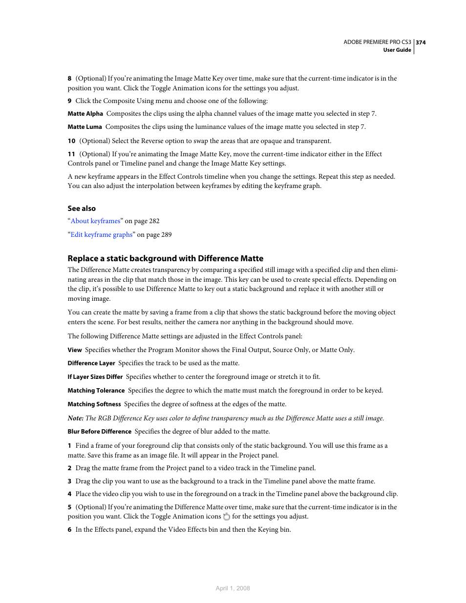 Replace a static background with difference matte | Adobe Premiere Pro CS3 User Manual | Page 380 / 455