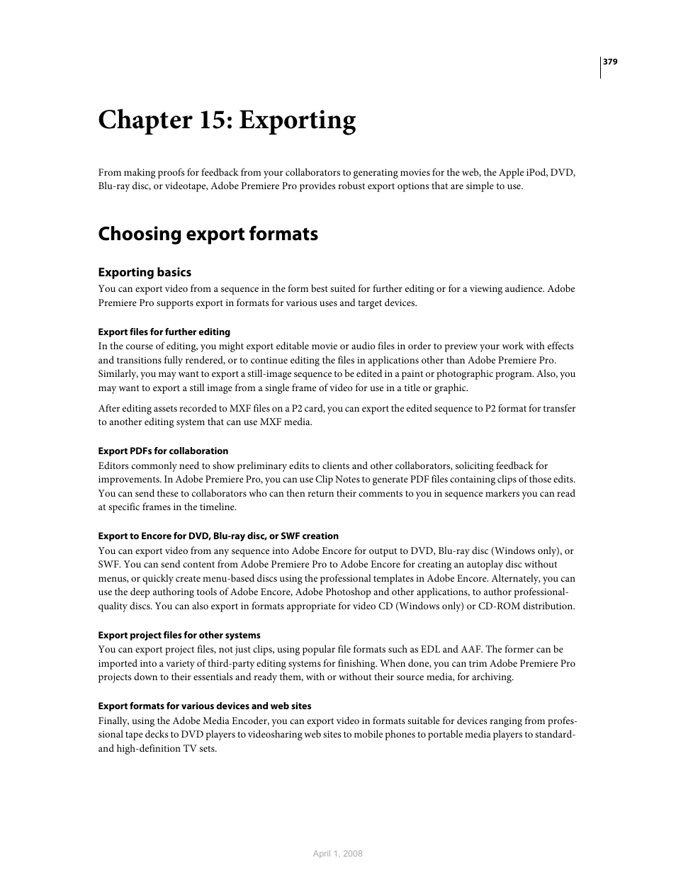 Chapter 15: exporting, Choosing export formats, Exporting basics | Adobe Premiere Pro CS3 User Manual | Page 385 / 455