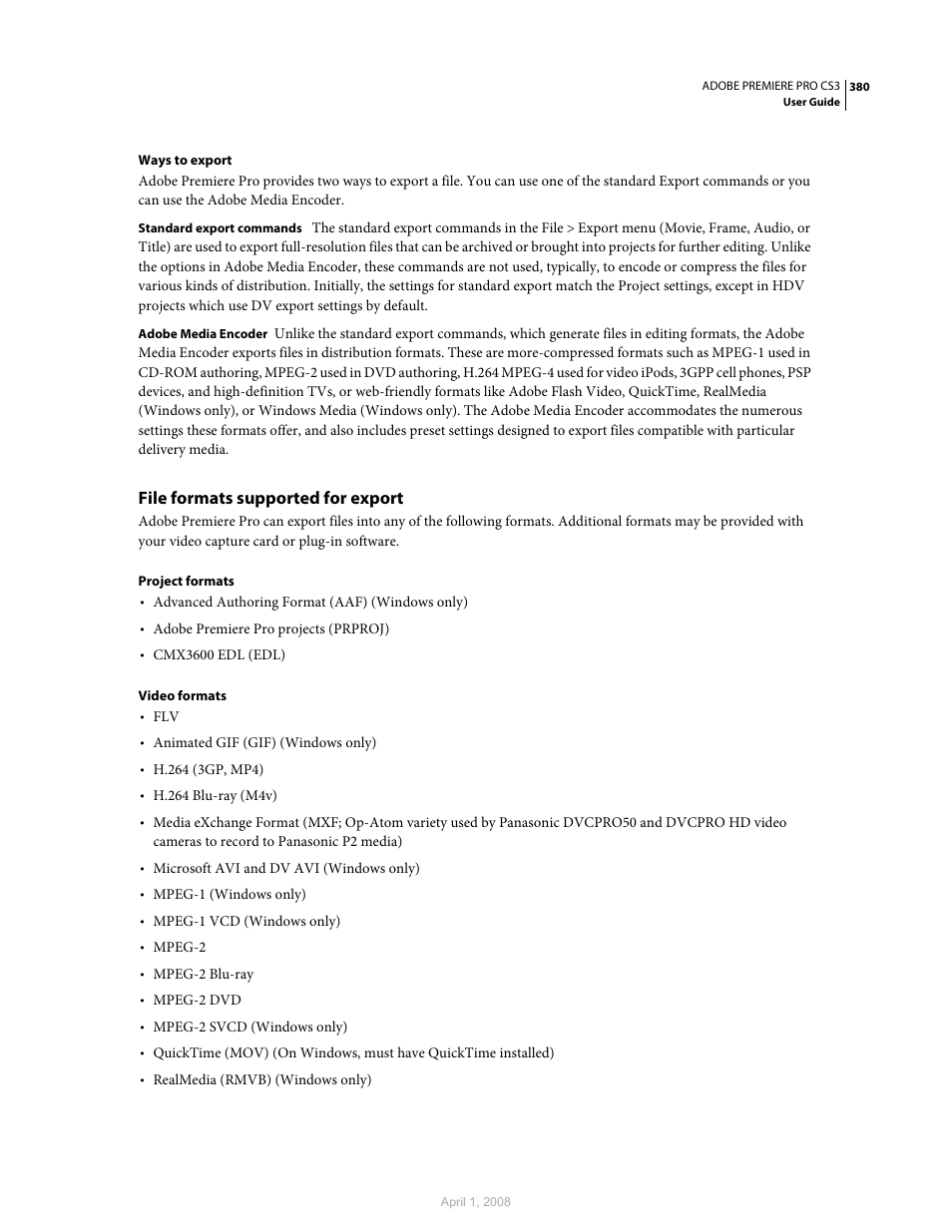 File formats supported for export | Adobe Premiere Pro CS3 User Manual | Page 386 / 455