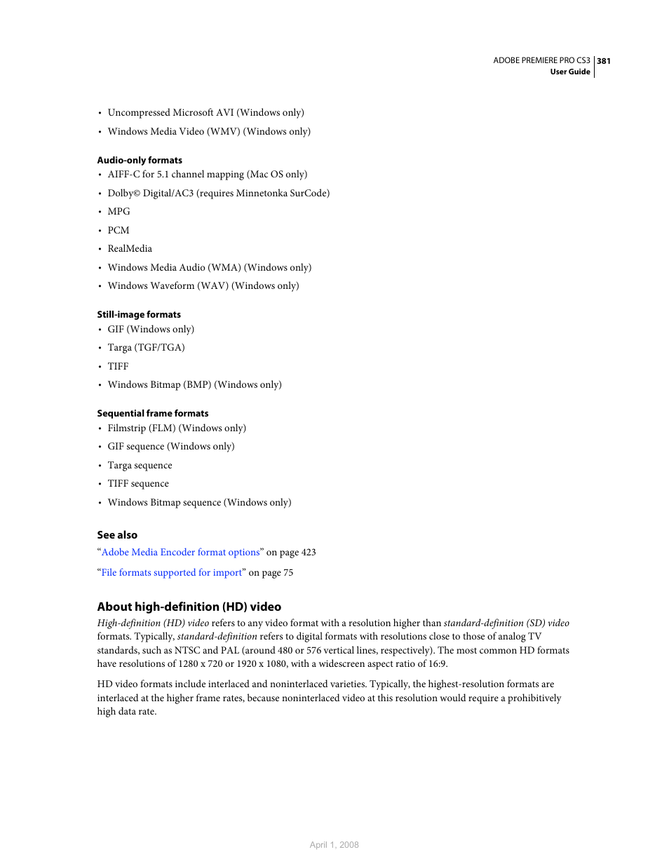 About high-definition (hd) video | Adobe Premiere Pro CS3 User Manual | Page 387 / 455