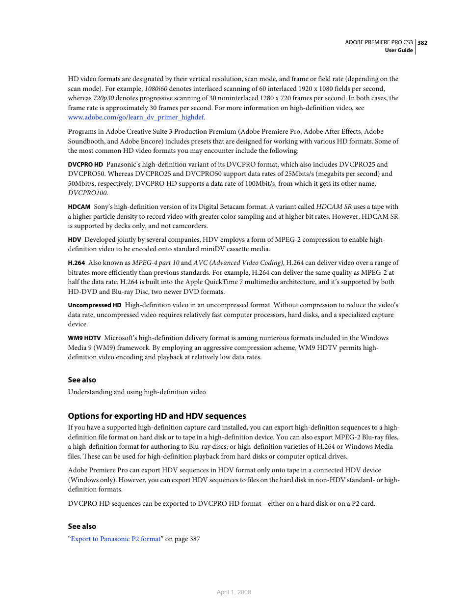 Options for exporting hd and hdv sequences | Adobe Premiere Pro CS3 User Manual | Page 388 / 455