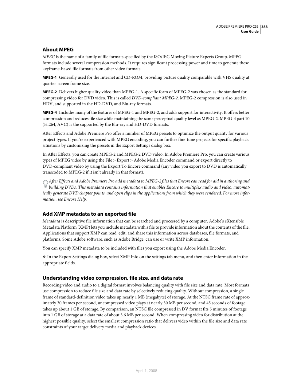 About mpeg, Add xmp metadata to an exported file, Rate | Adobe Premiere Pro CS3 User Manual | Page 389 / 455