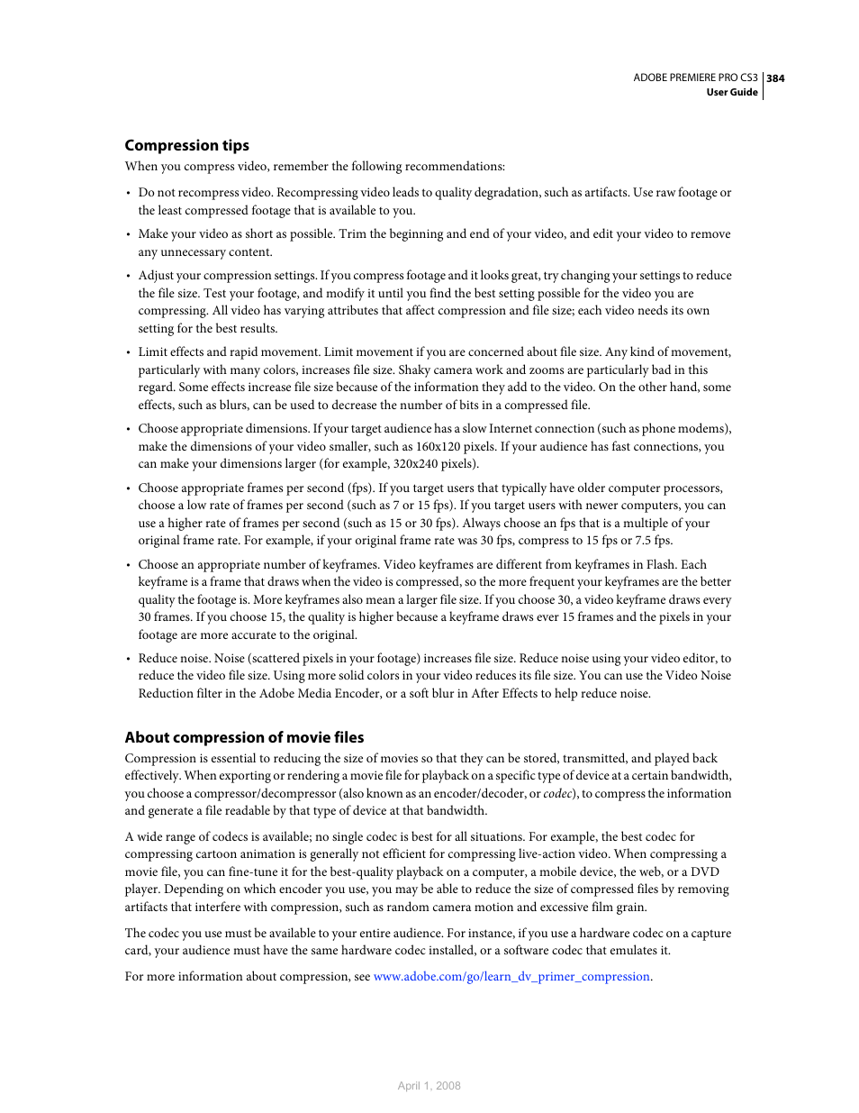 Compression tips, About compression of movie files | Adobe Premiere Pro CS3 User Manual | Page 390 / 455