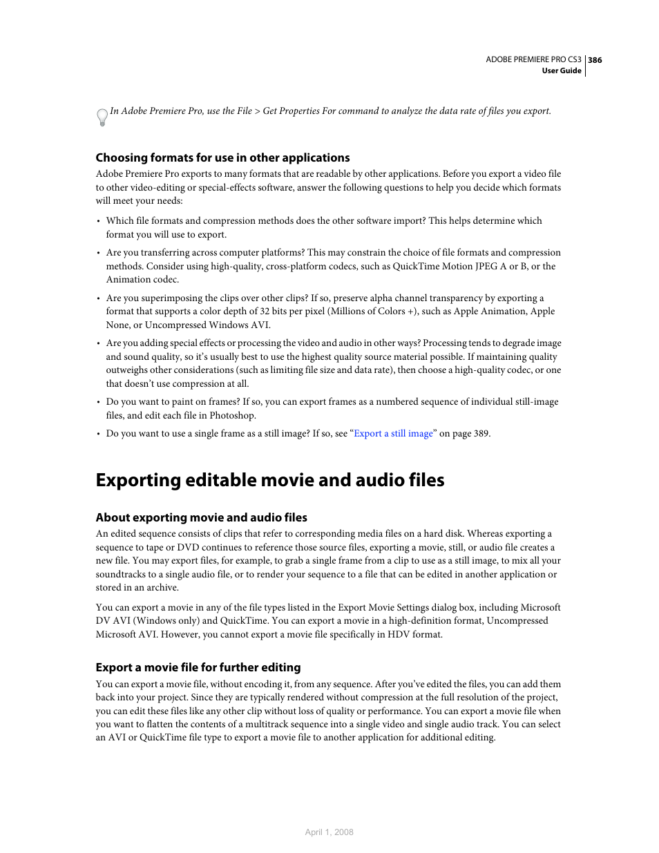 Choosing formats for use in other applications, Exporting editable movie and audio files, About exporting movie and audio files | Export a movie file for further editing | Adobe Premiere Pro CS3 User Manual | Page 392 / 455