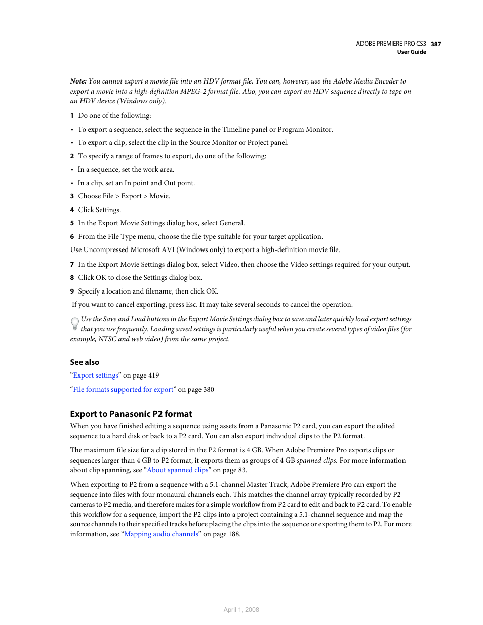 Export to panasonic p2 format | Adobe Premiere Pro CS3 User Manual | Page 393 / 455