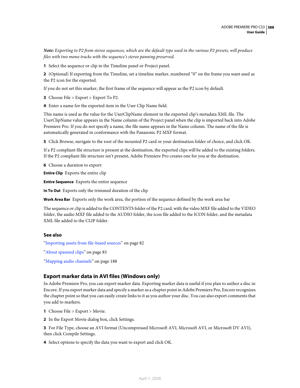 Export marker data in avi files (windows only) | Adobe Premiere Pro CS3 User Manual | Page 394 / 455