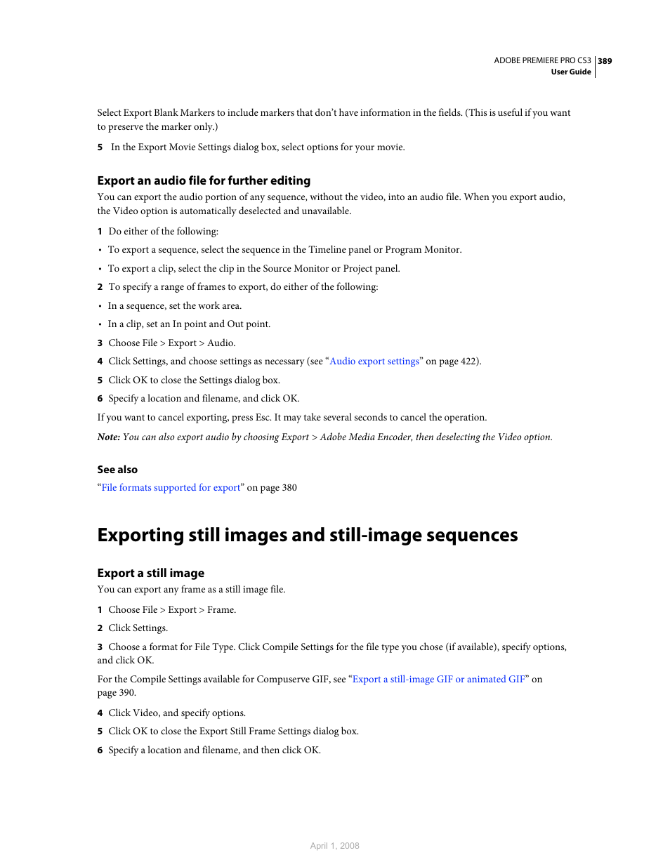 Export an audio file for further editing, Exporting still images and still-image sequences, Export a still image | Adobe Premiere Pro CS3 User Manual | Page 395 / 455