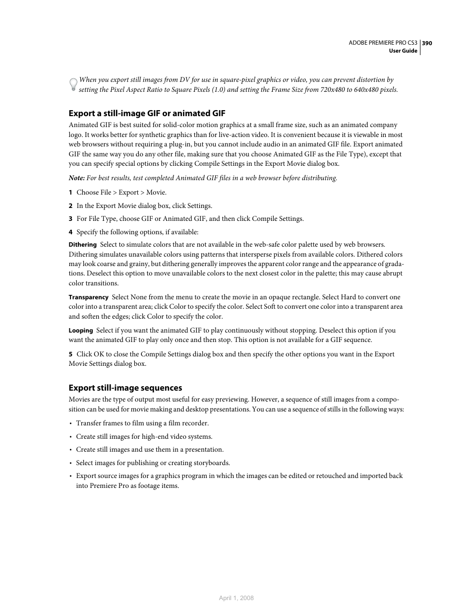 Export a still-image gif or animated gif, Export still-image sequences | Adobe Premiere Pro CS3 User Manual | Page 396 / 455