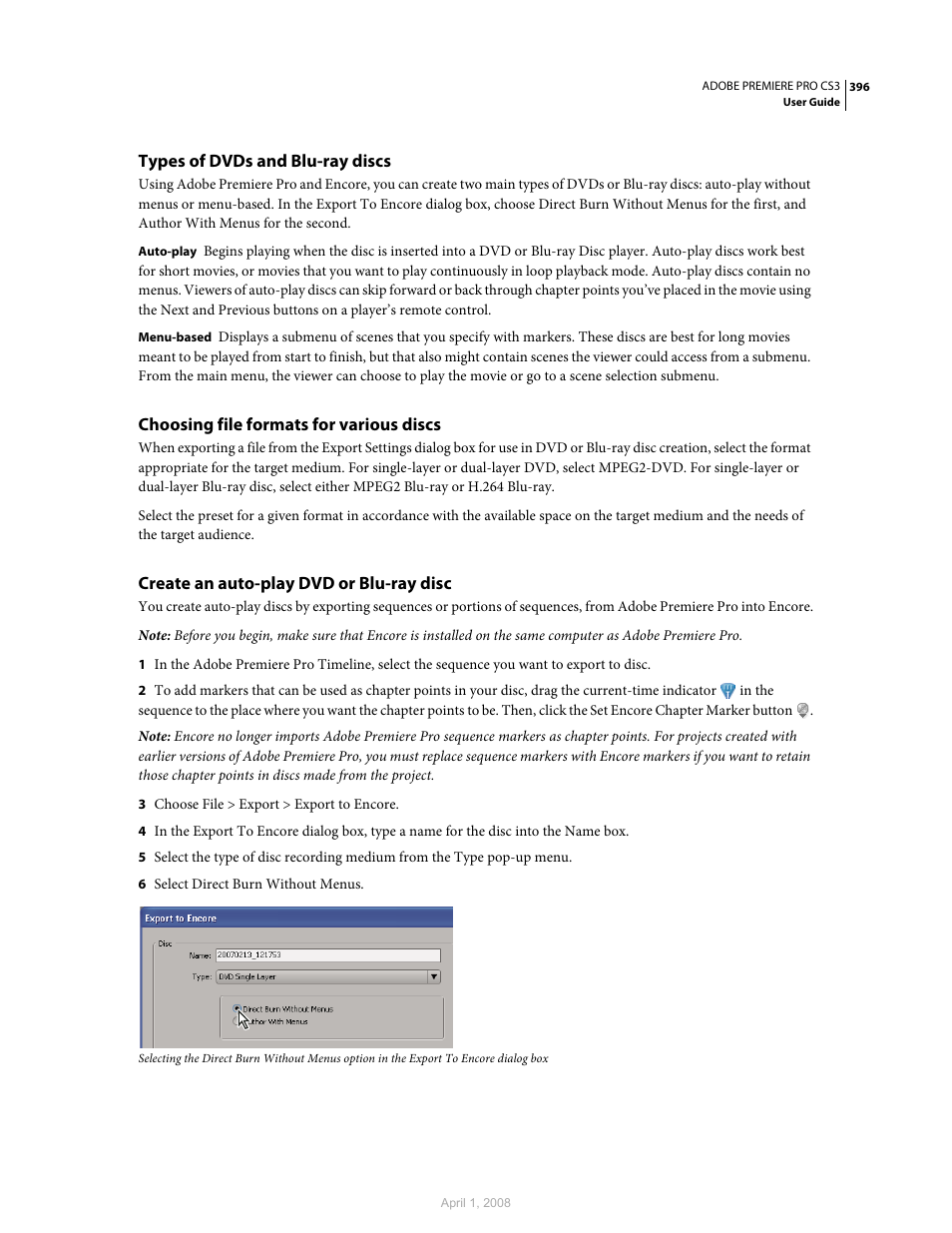 Types of dvds and blu-ray discs, Choosing file formats for various discs, Create an auto-play dvd or blu-ray disc | Adobe Premiere Pro CS3 User Manual | Page 402 / 455