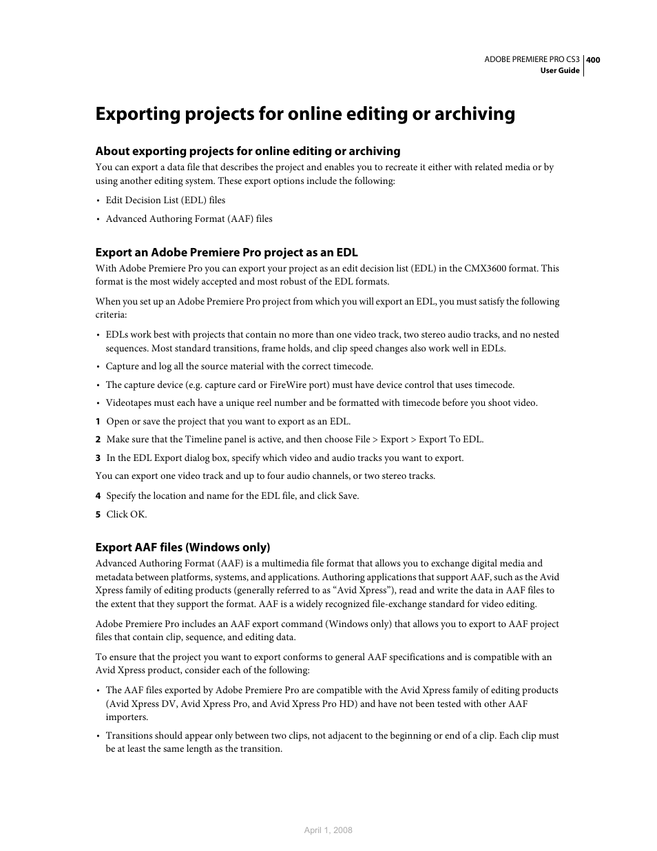 Exporting projects for online editing or archiving, Export an adobe premiere pro project as an edl, Export aaf files (windows only) | Adobe Premiere Pro CS3 User Manual | Page 406 / 455