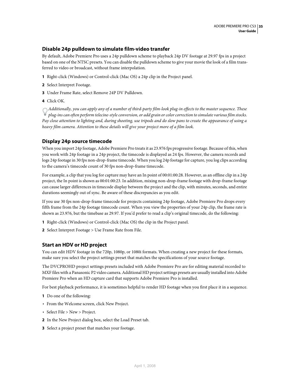 Display 24p source timecode, Start an hdv or hd project | Adobe Premiere Pro CS3 User Manual | Page 41 / 455