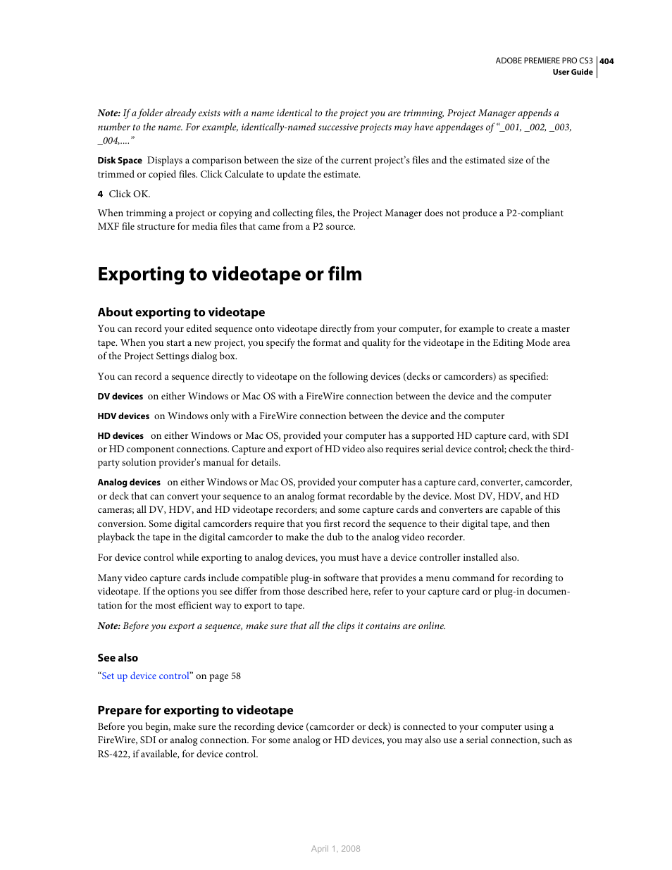 Exporting to videotape or film, About exporting to videotape, Prepare for exporting to videotape | Adobe Premiere Pro CS3 User Manual | Page 410 / 455