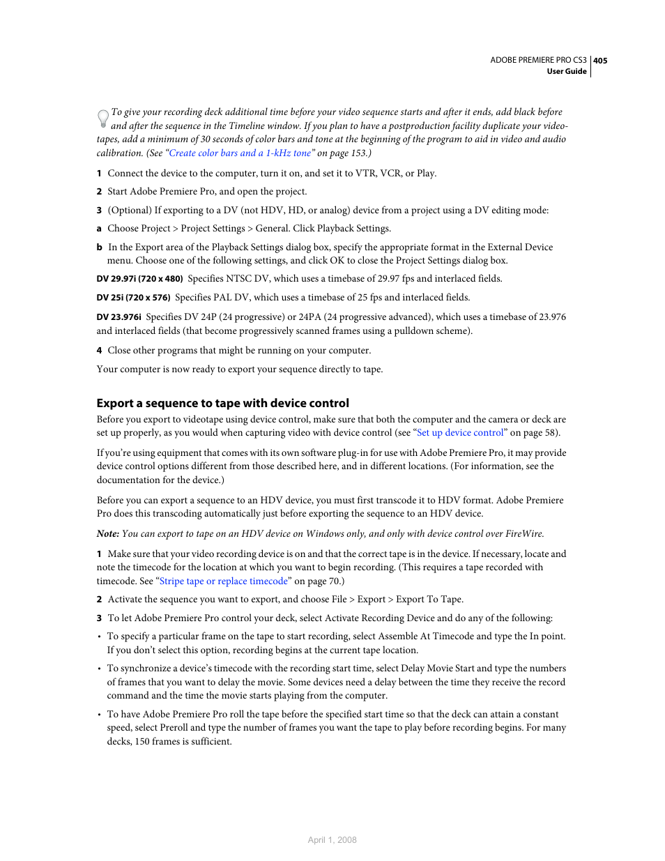 Export a sequence to tape with device control | Adobe Premiere Pro CS3 User Manual | Page 411 / 455