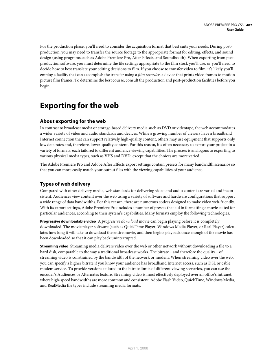 Exporting for the web, About exporting for the web, Types of web delivery | Dreamweaver. (see | Adobe Premiere Pro CS3 User Manual | Page 413 / 455