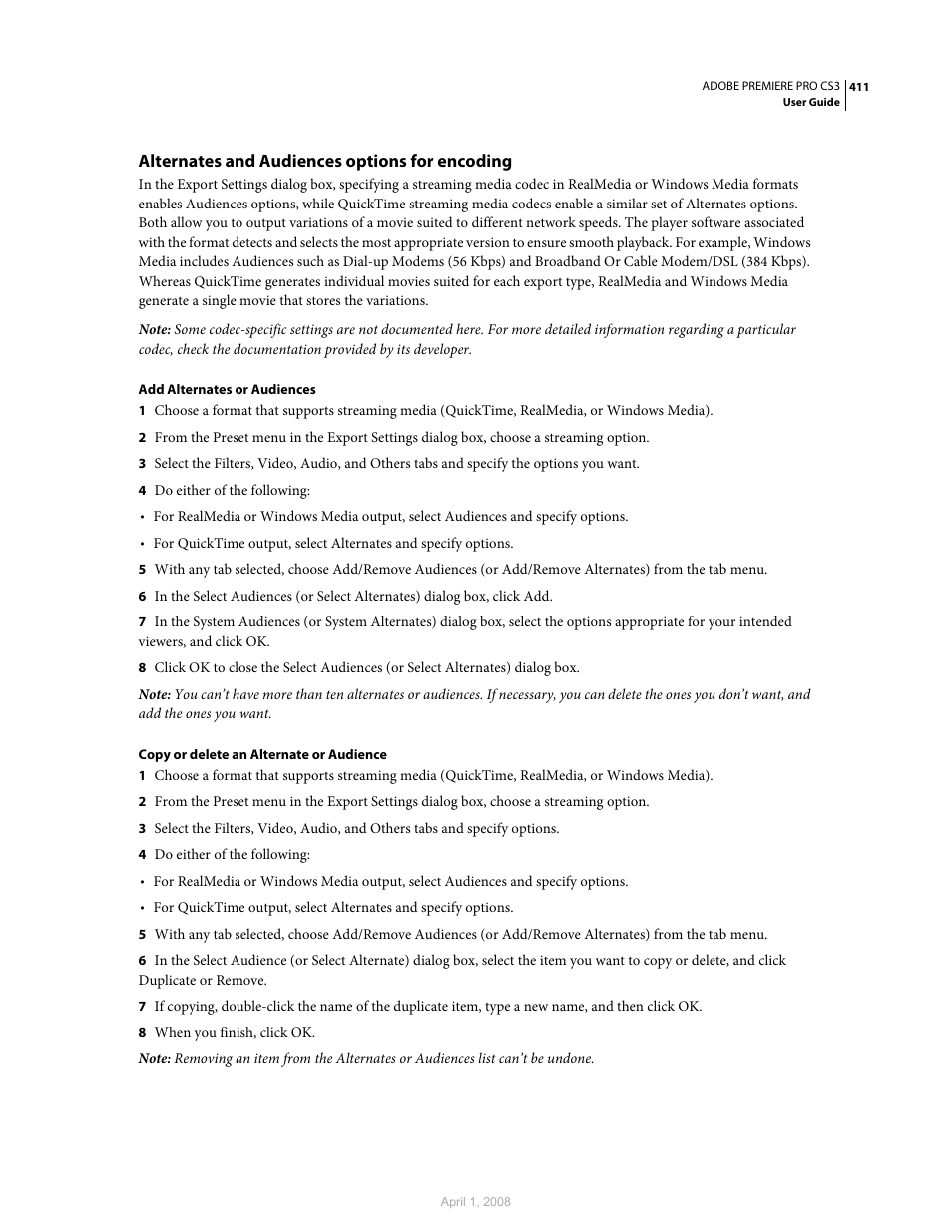 Alternates and audiences options for encoding | Adobe Premiere Pro CS3 User Manual | Page 417 / 455