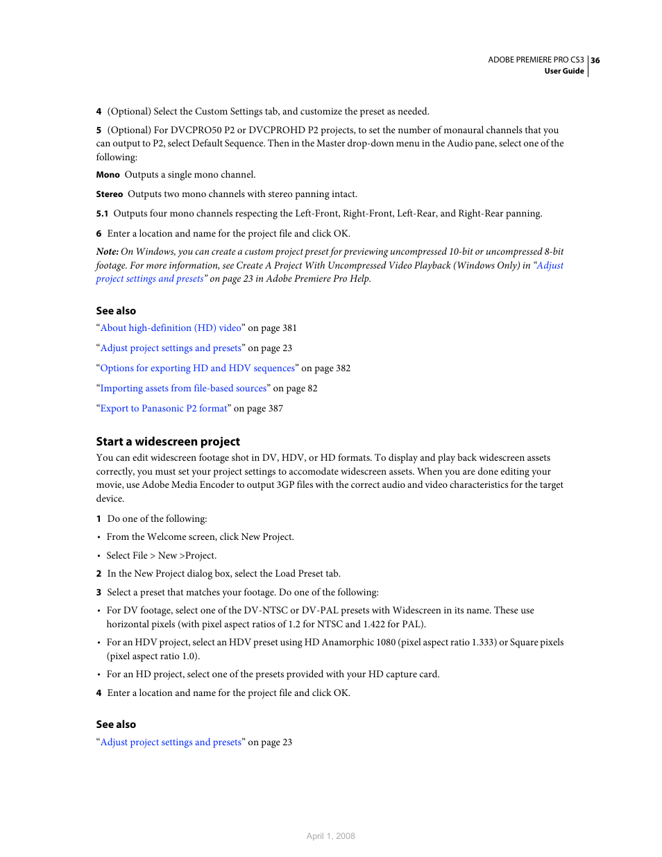 Start a widescreen project | Adobe Premiere Pro CS3 User Manual | Page 42 / 455