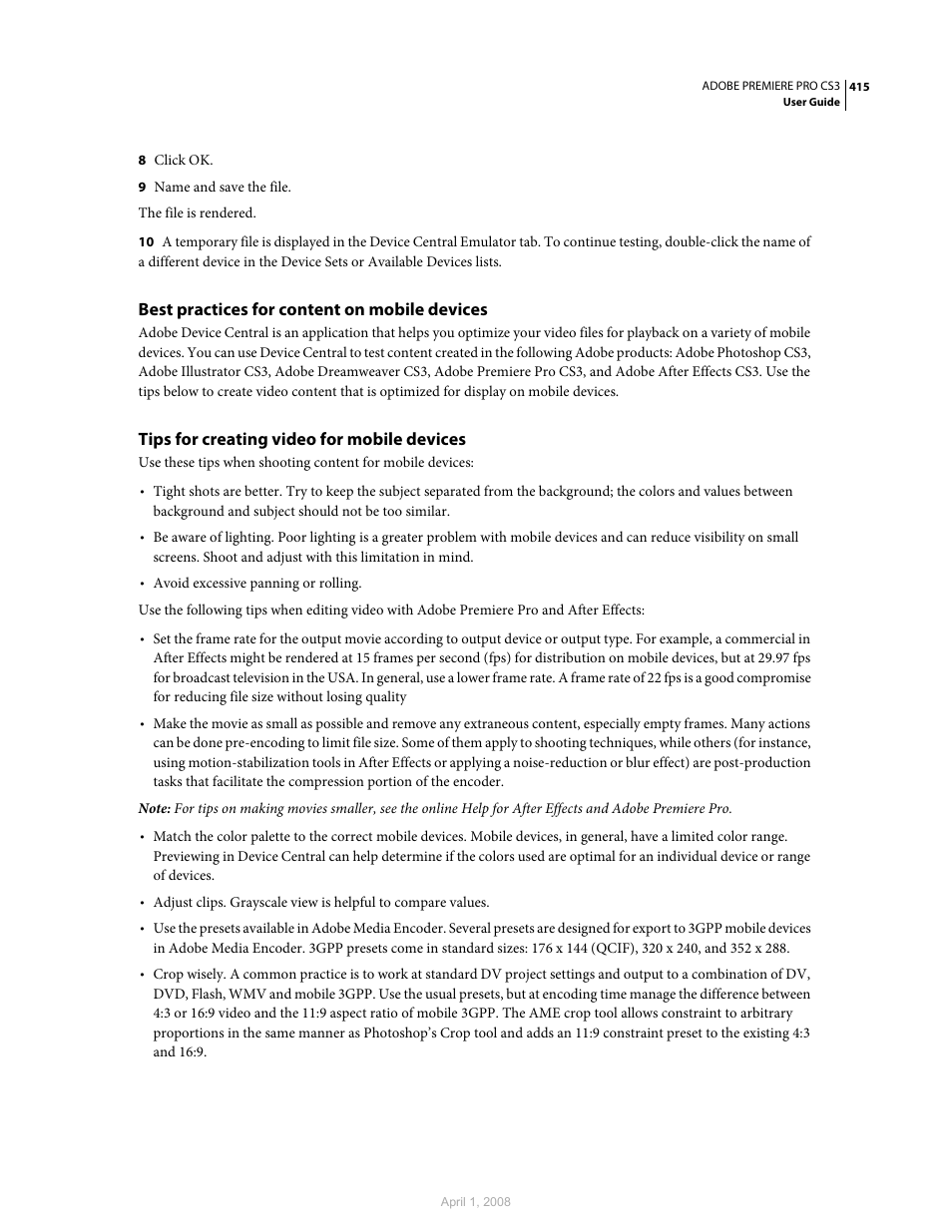 Best practices for content on mobile devices, Tips for creating video for mobile devices | Adobe Premiere Pro CS3 User Manual | Page 421 / 455