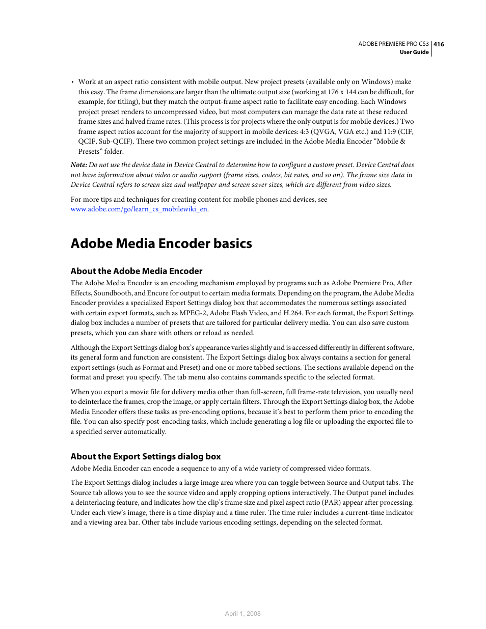 Adobe media encoder basics, About the adobe media encoder, About the export settings dialog box | Adobe Premiere Pro CS3 User Manual | Page 422 / 455