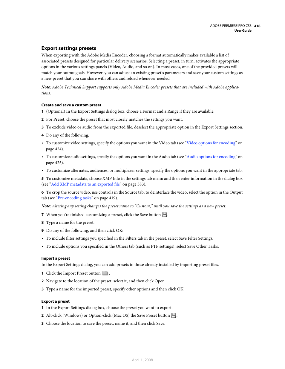 Export settings presets | Adobe Premiere Pro CS3 User Manual | Page 424 / 455