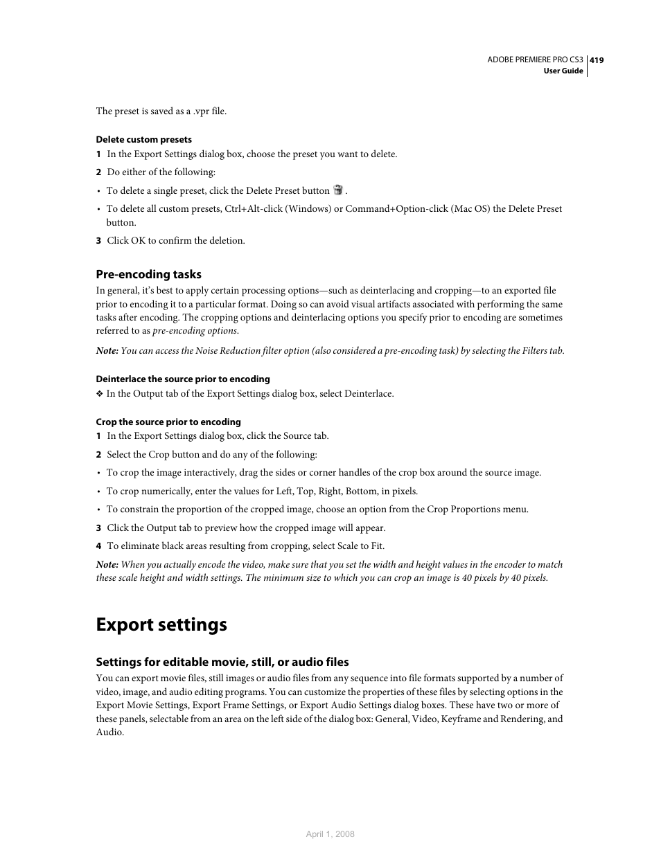 Pre-encoding tasks, Export settings, Settings for editable movie, still, or audio files | Tab (see | Adobe Premiere Pro CS3 User Manual | Page 425 / 455