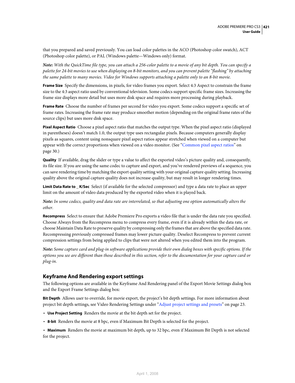 Keyframe and rendering export settings | Adobe Premiere Pro CS3 User Manual | Page 427 / 455