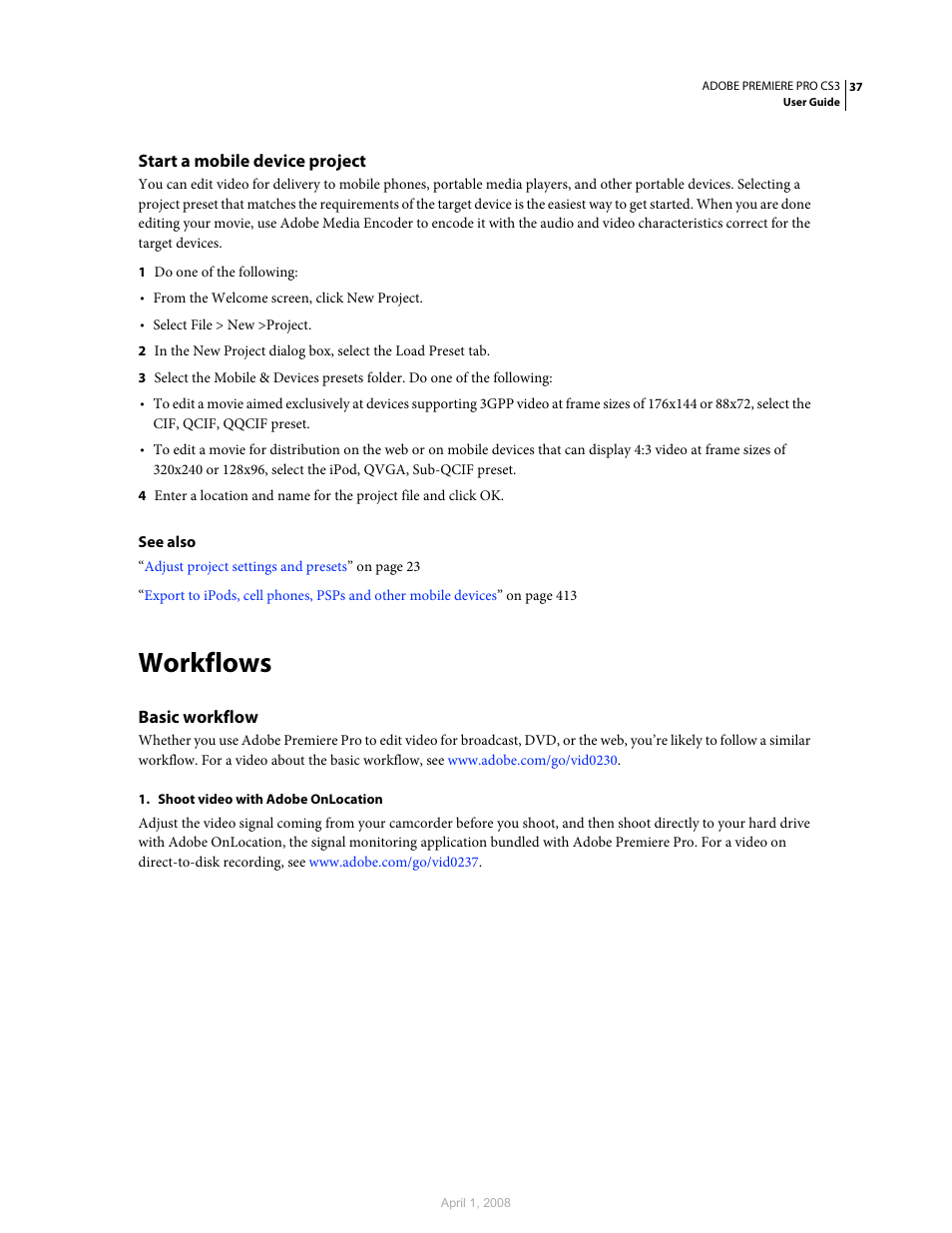 Start a mobile device project, Workflows, Basic workflow | Adobe Premiere Pro CS3 User Manual | Page 43 / 455