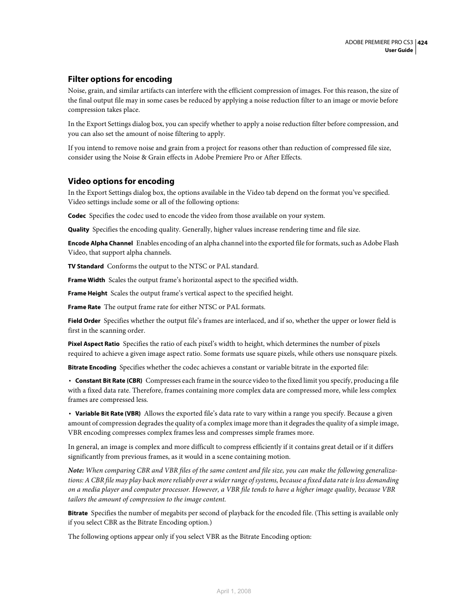 Filter options for encoding, Video options for encoding, Cinepak. (see | Adobe Premiere Pro CS3 User Manual | Page 430 / 455