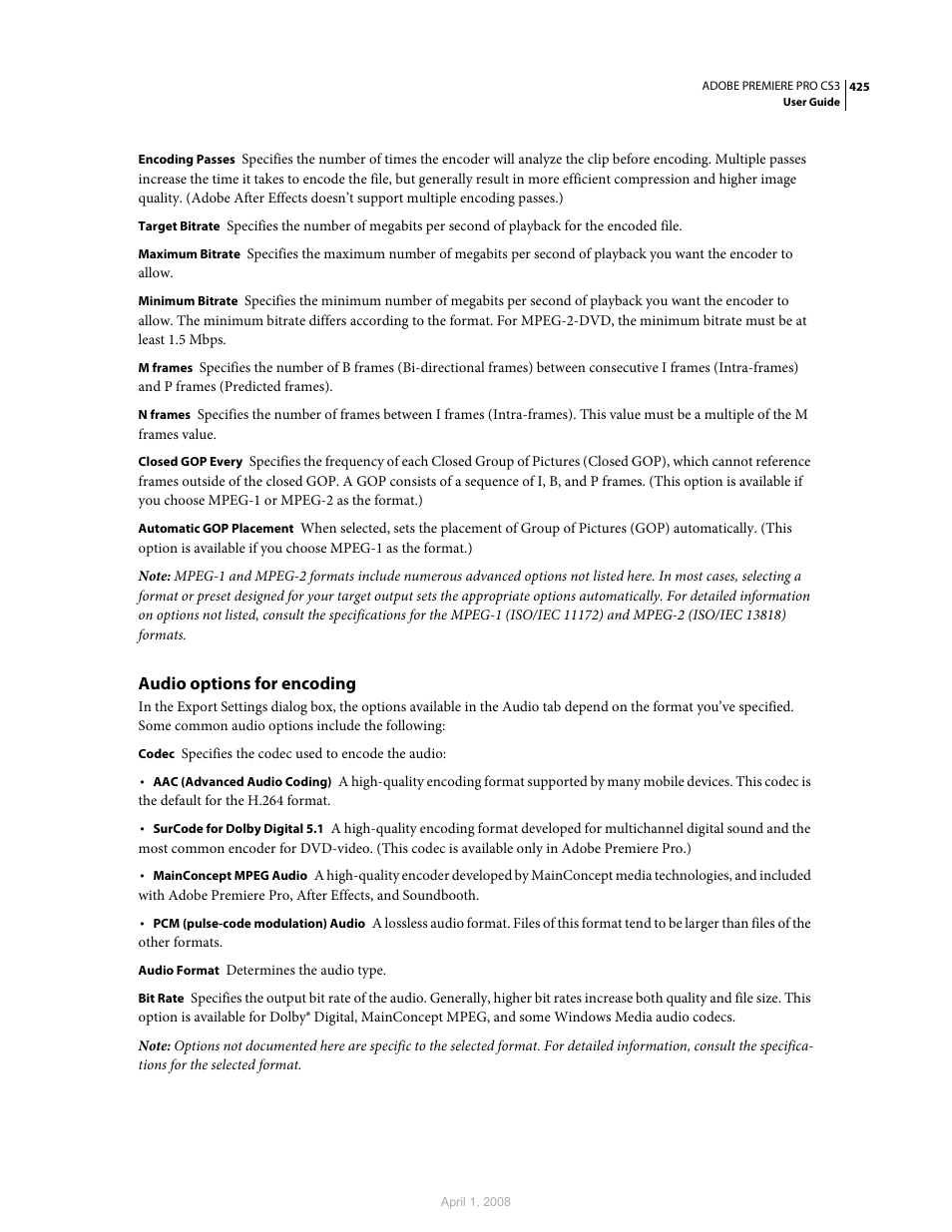 Audio options for encoding | Adobe Premiere Pro CS3 User Manual | Page 431 / 455