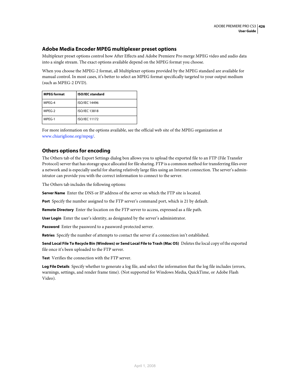 Others options for encoding | Adobe Premiere Pro CS3 User Manual | Page 432 / 455