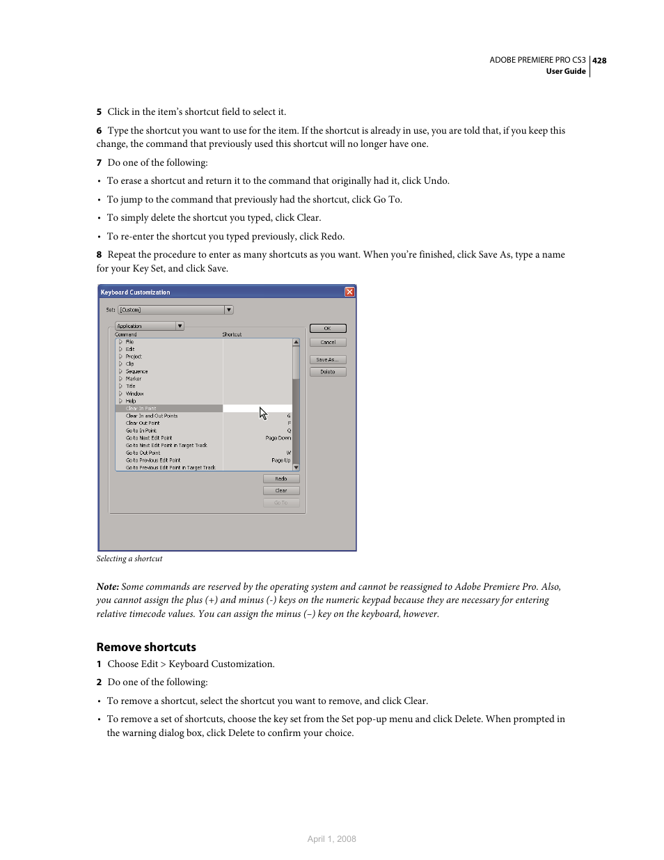 Remove shortcuts | Adobe Premiere Pro CS3 User Manual | Page 434 / 455