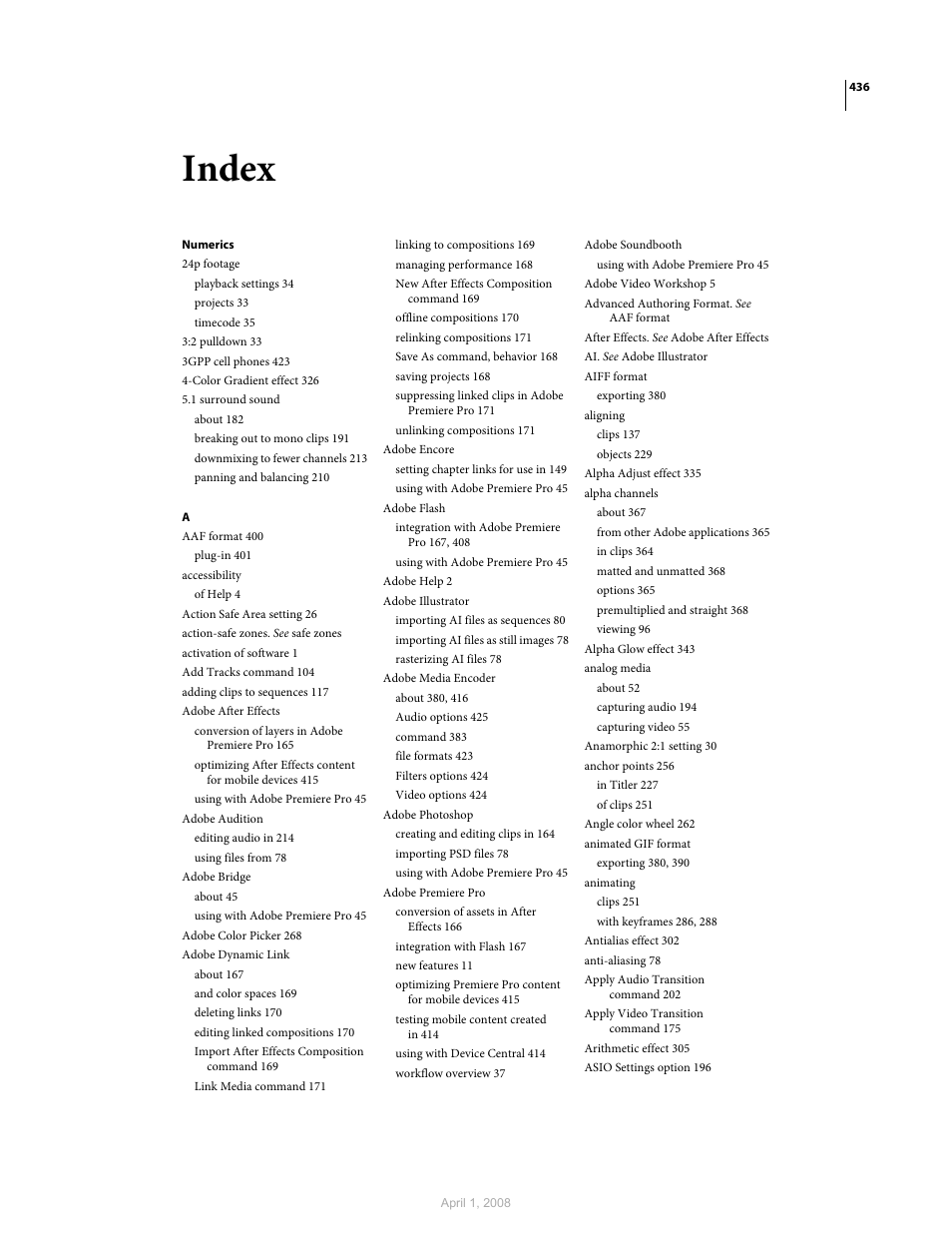 Index, Numerics | Adobe Premiere Pro CS3 User Manual | Page 442 / 455