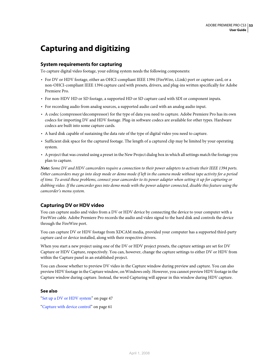 Capturing and digitizing, System requirements for capturing, Capturing dv or hdv video | Adobe Premiere Pro CS3 User Manual | Page 59 / 455