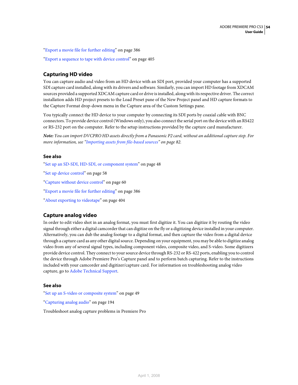 Capturing hd video, Capture analog video | Adobe Premiere Pro CS3 User Manual | Page 60 / 455